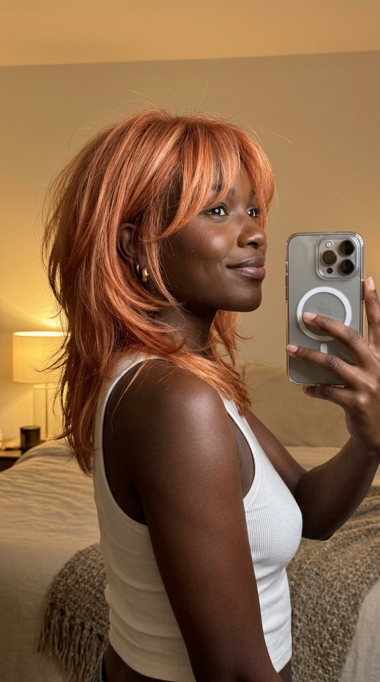 mid-length wolf cut in peach fuzz copper with strawberry blonde highlights, choppy layers, wispy curtain fringe — edgy summer haircut for round face 2026
