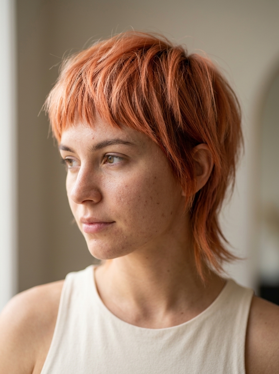 short peach fuzz copper pixie mullet with razored layers and side-swept fringe for summer