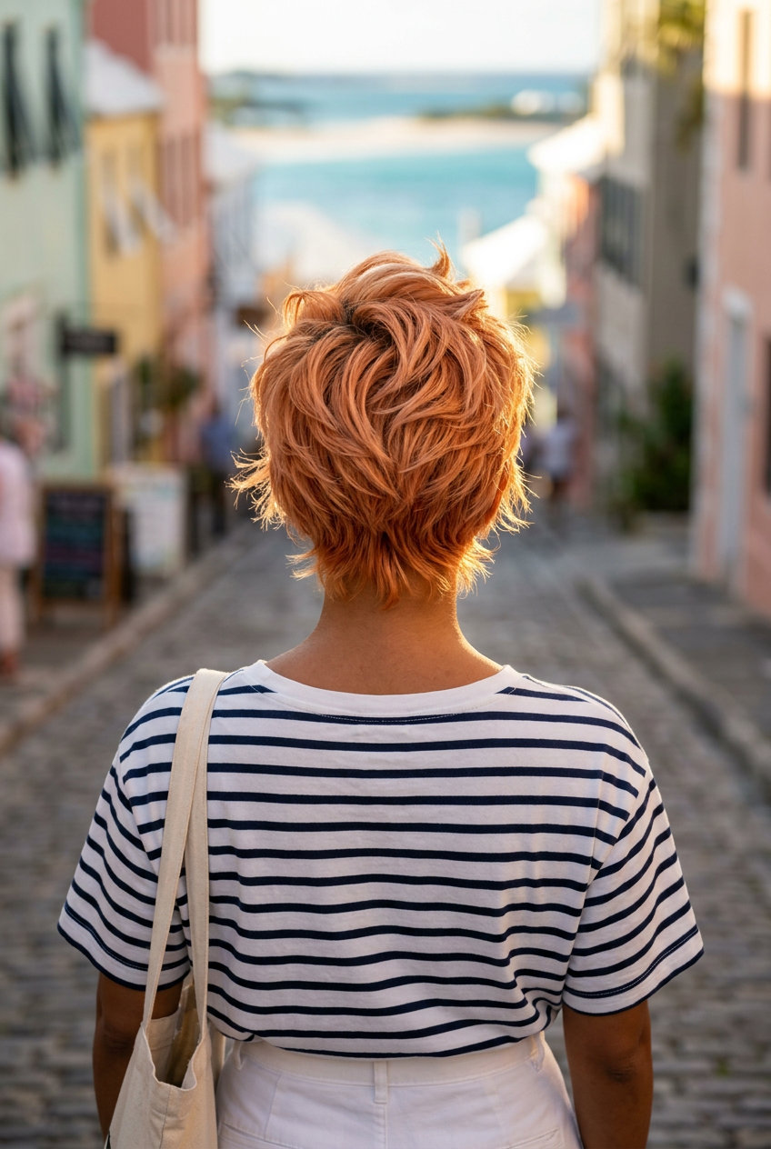 Edgy Peach Fuzz Pixie 2026 short peach fuzz copper pixie haircut with apricot undertones, piecey texture, and no fringe for summer vacation