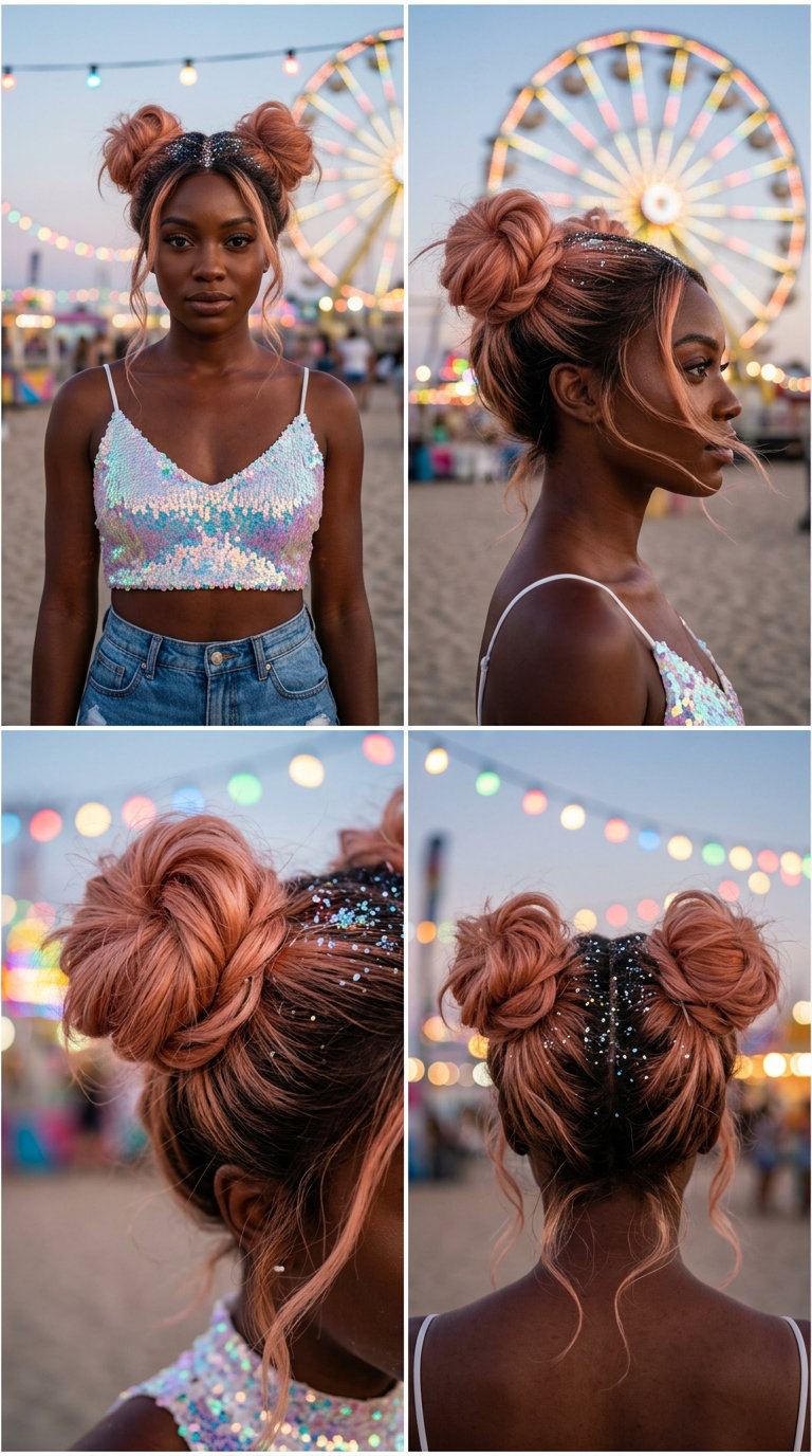 Festival Peach Fuzz Space Buns 2026 medium peach fuzz copper hair in space buns with pastel pink glitter for summer vacation hairstyles 2026