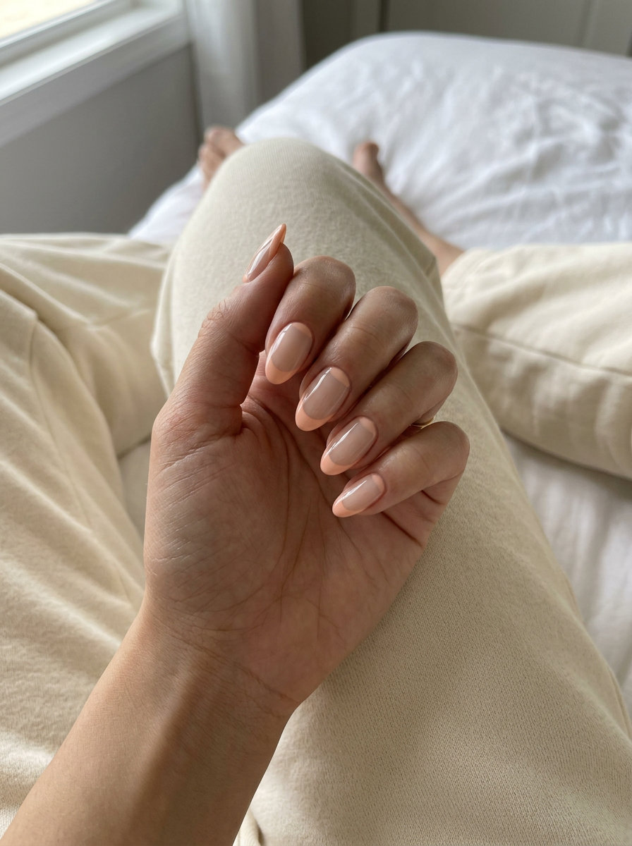 Peach Fuzz Reverse French Almond nails for date night, a romantic and elegant look with sheer nude and peach fuzz accents.