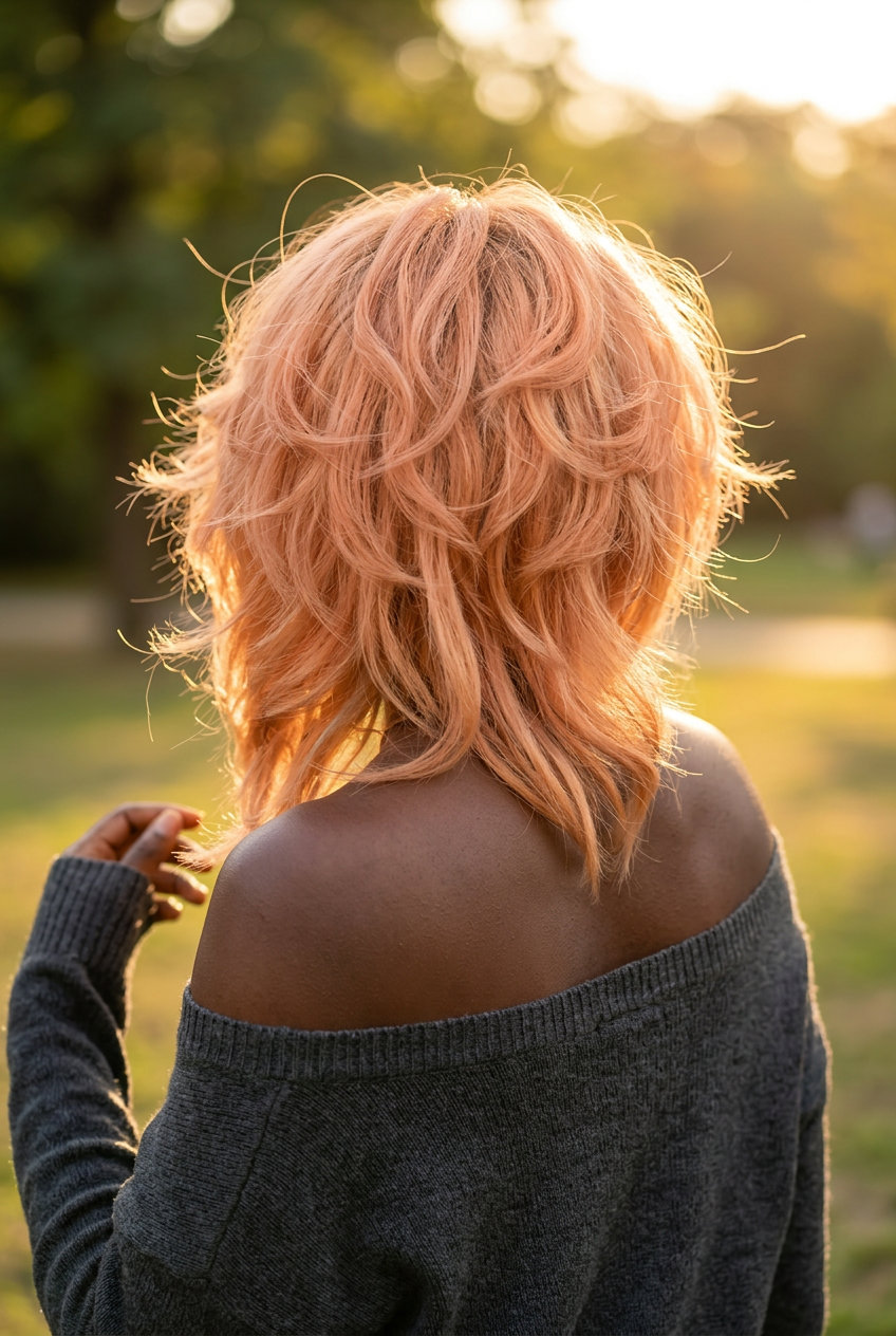 medium peach wolf cut with golden undertones, blurred roots, soft layers — playful whimsical style