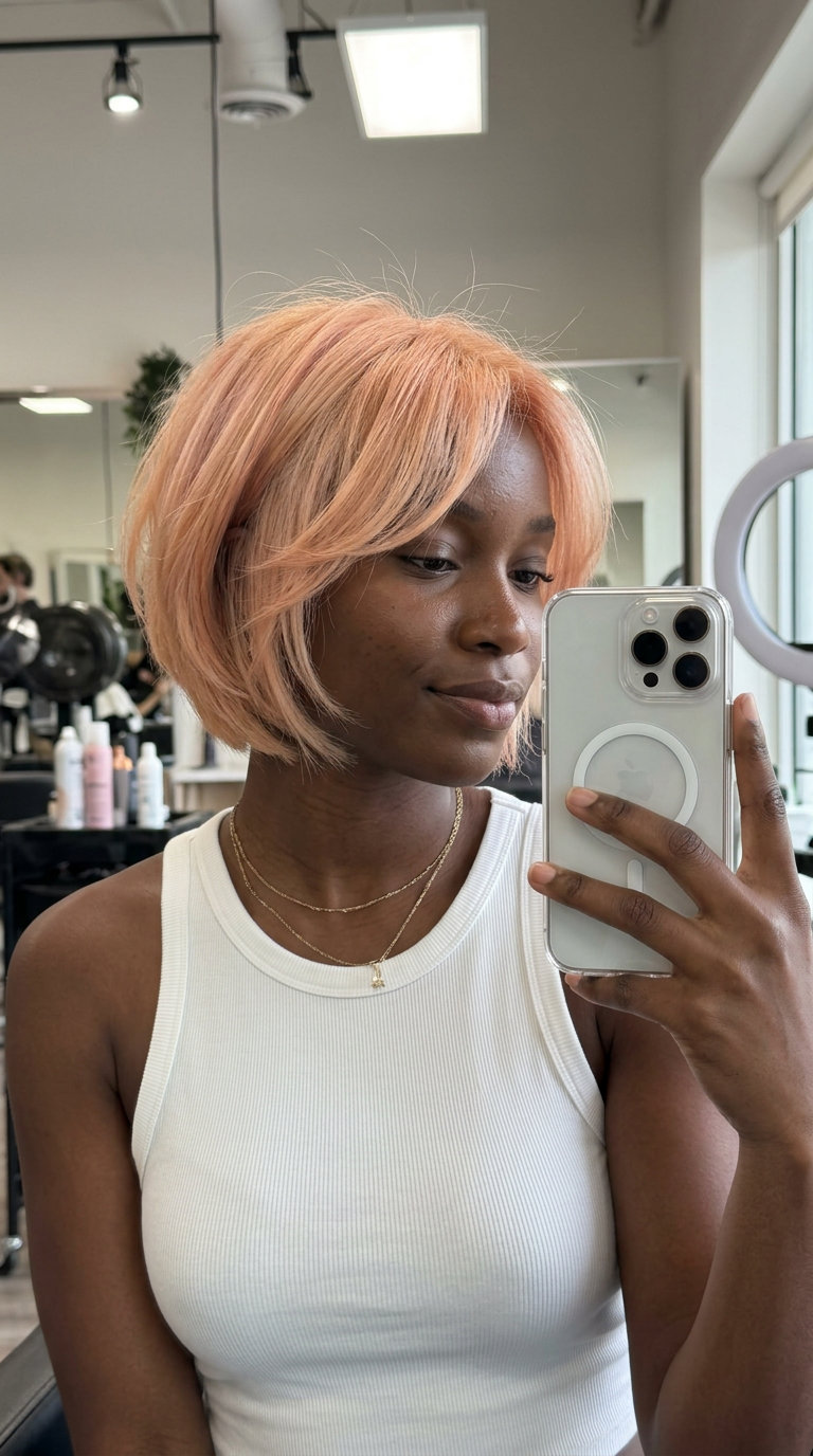 Sunset Peach Bixie Haircut 2026 short pastel peachy pink bixie haircut with soft layers and piecey texture, light blonde base — whimsical festival style