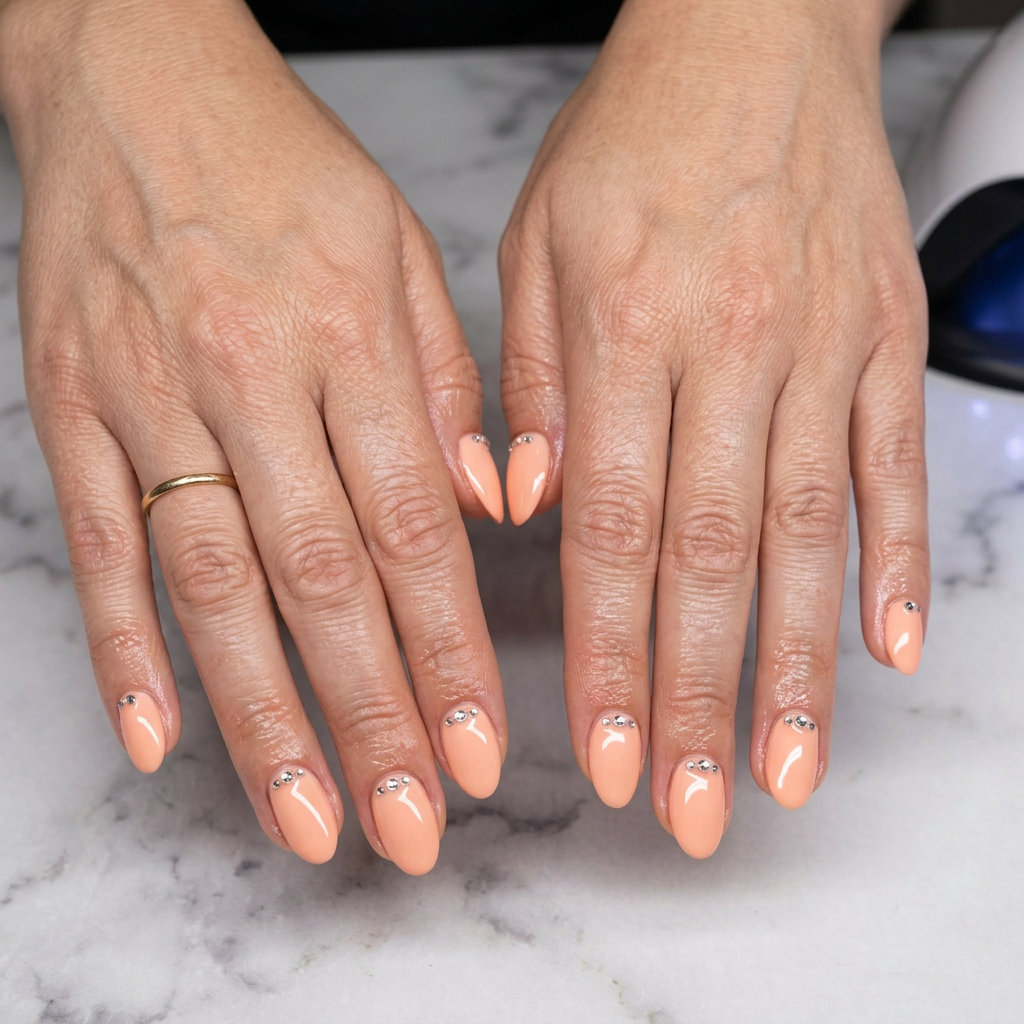 Peach sparkle glam almond dip nails 2026: glamorous, romantic, polished for weddings, bridal showers, summer.