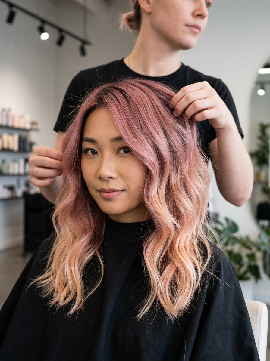 long textured ombre with soft rose pink to peach tones, hand-painted technique, no fringe — playful summer festival hair