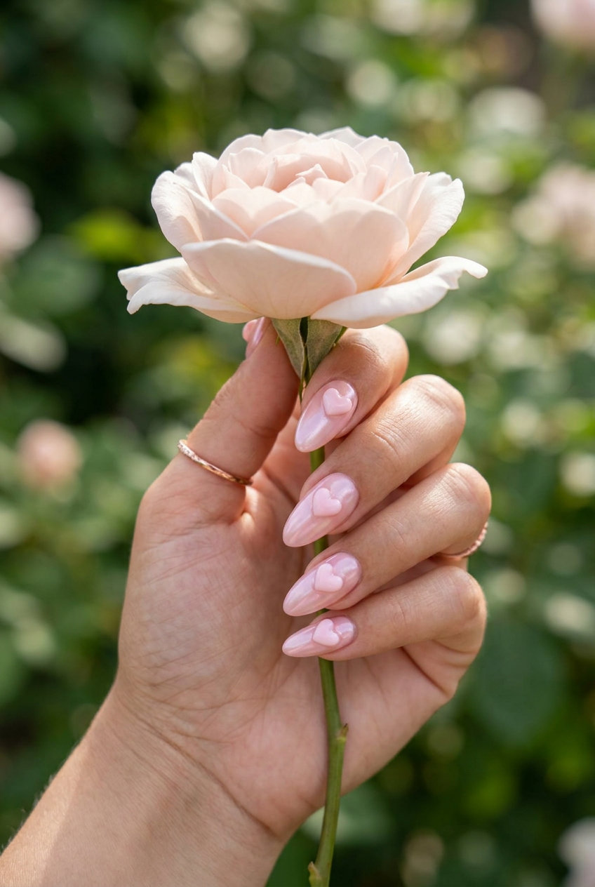 Pink Glazed Heart Nails 2026: Romantic Wedding & Date Night Style 3D Heart Pink Glazed nails: Romantic wedding/date night look with soft pink glaze & pastel hearts. Pink summer nails 2026.