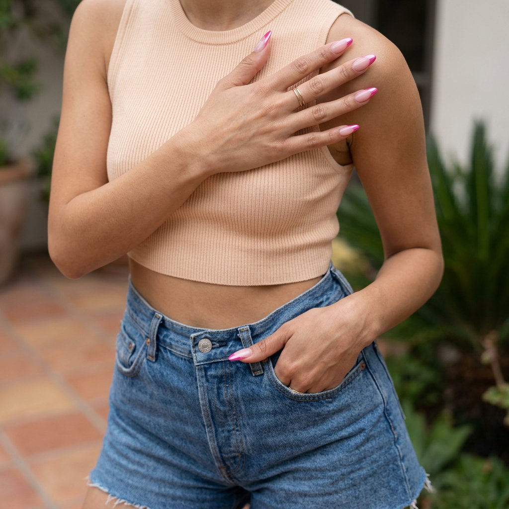 Barbie Pink Chrome French Nails 2026: Glamorous Party Style Barbie Pink Chrome Almond French nails: Glamorous party/vacation style with bold pink chrome tips. Pink summer nails 2026.