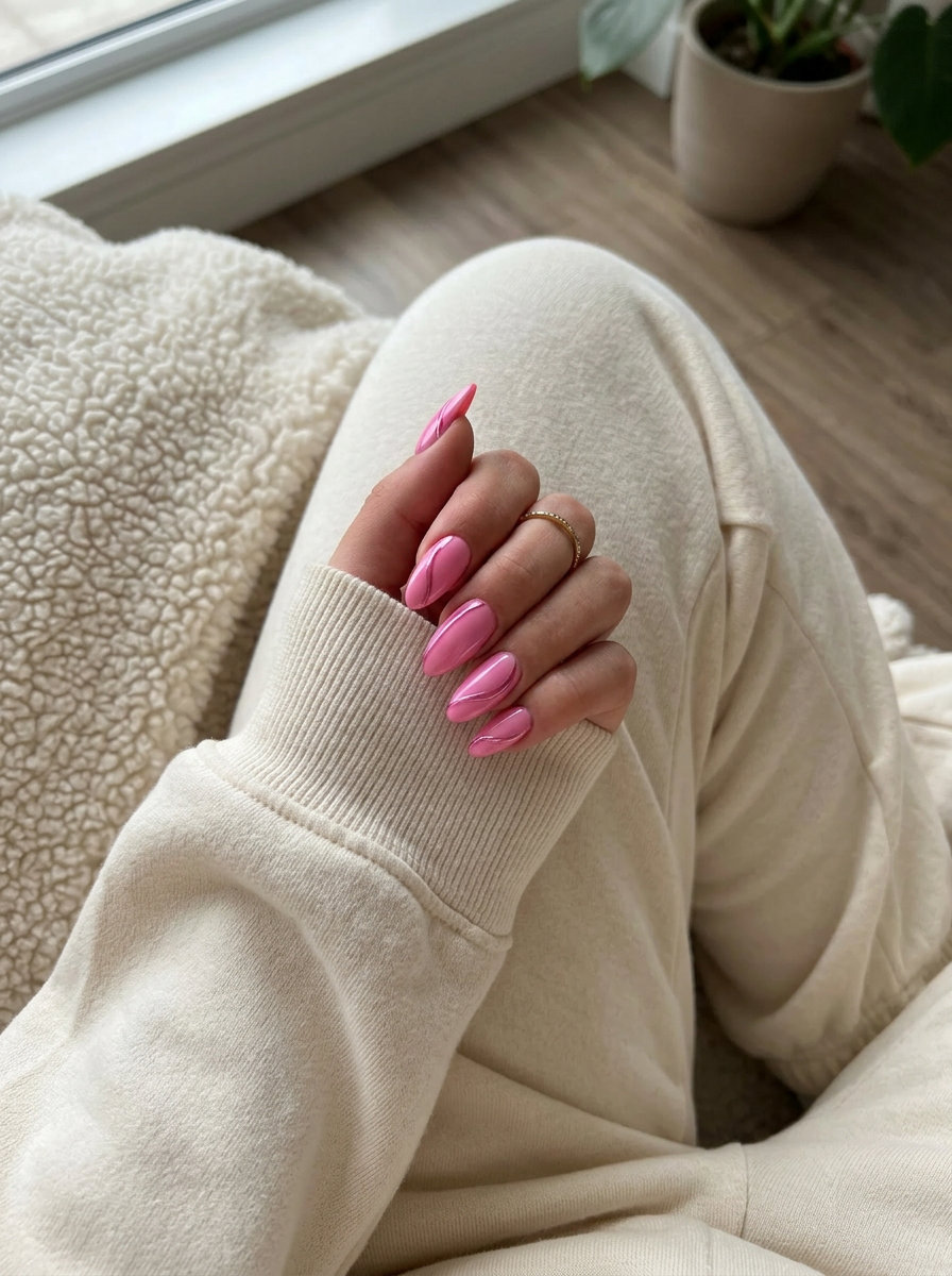 Barbie Pink Chrome Lines Almond Nails 2026 | Glamorous & Bold Barbie Pink Chrome Lines Almond nails for parties, date night, summer events. Pink summer nails 2026.