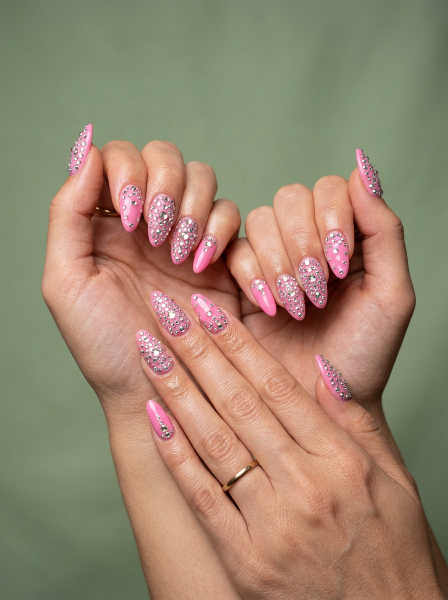 Barbie Pink Rhinestone Nails 2026 | Glamorous & Bold Barbie Pink Rhinestone Extravaganza nails for parties, festivals. Pink summer nails 2026.