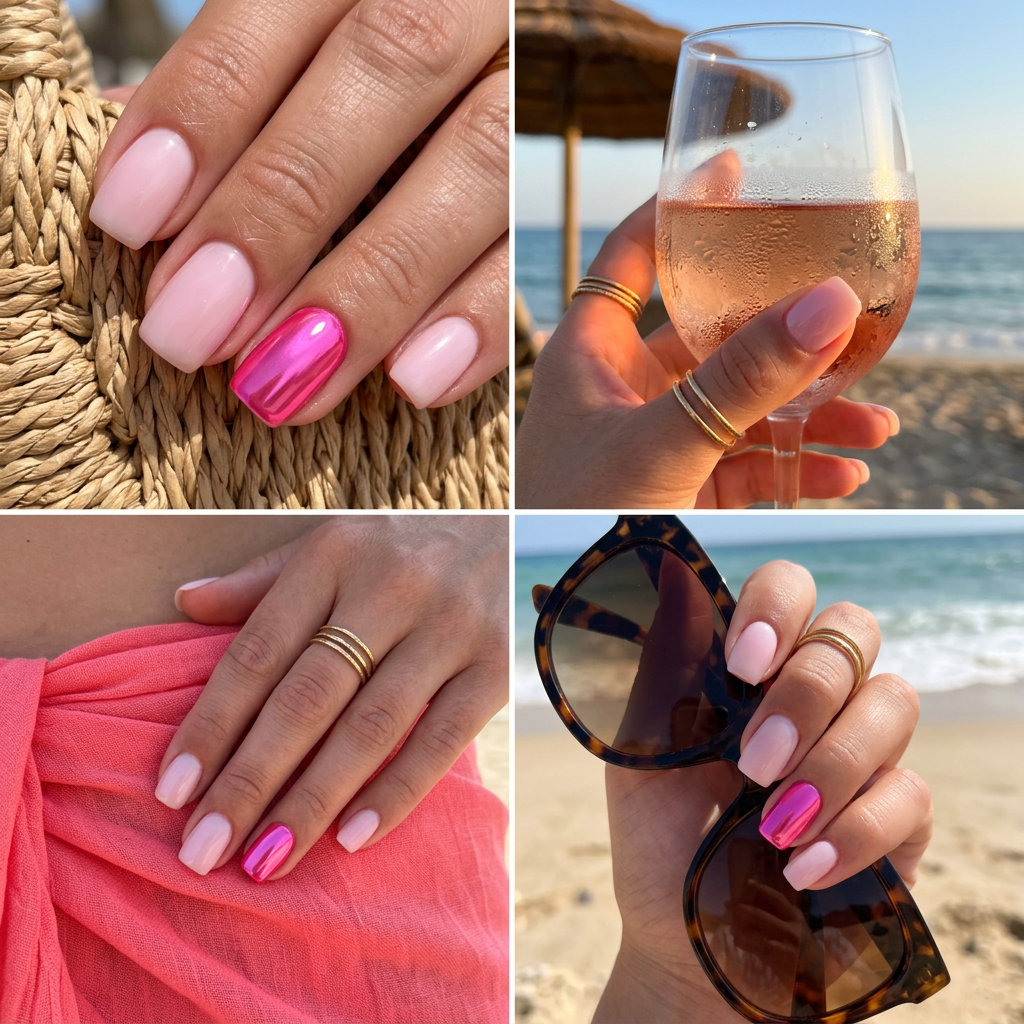 Hot Pink Chrome Accent Square Nails 2026: Chic Casual Brunch Style Hot Pink Chrome Accent Square nails: Chic casual/brunch look with a bold hot pink chrome accent. Pink summer nails 2026.