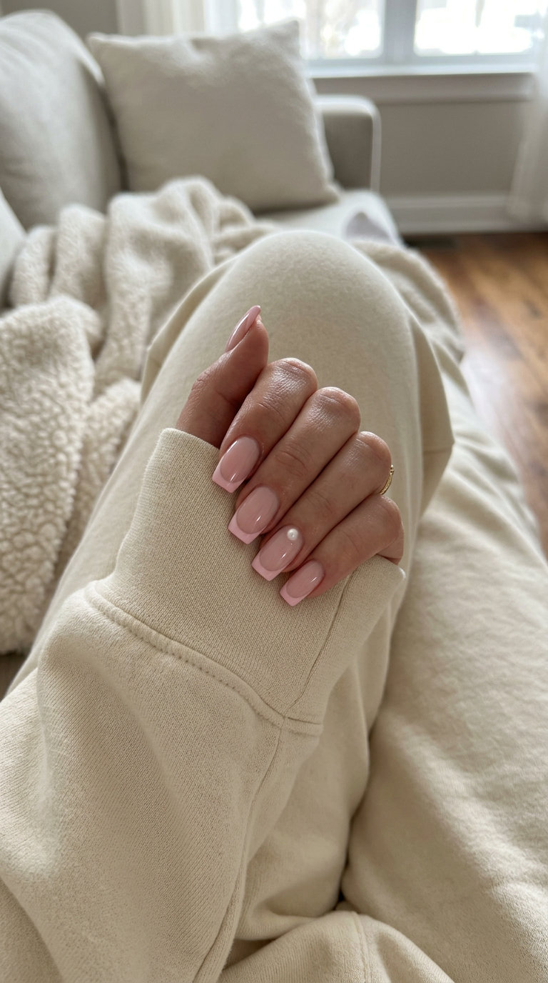 Pink French Tip Pearl Accent Nails 2026 | Elegant & Classic Pink French Tip with Pearl Accent Square nails for wedding guest, bridal shower. Pink summer nails 2026.