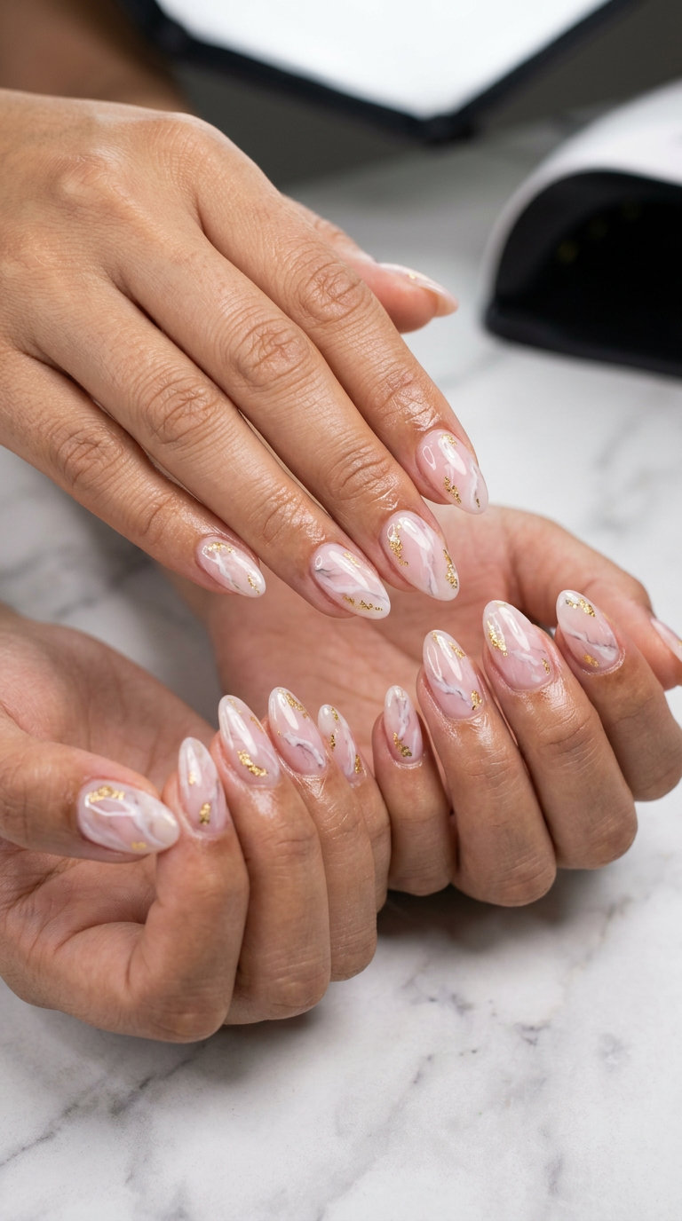 Pink Summer Nails 2026: Marble Almond Elegance Pink marble almond nails for summer 2026, ideal for date nights and formal events. Sophisticated and elegant.