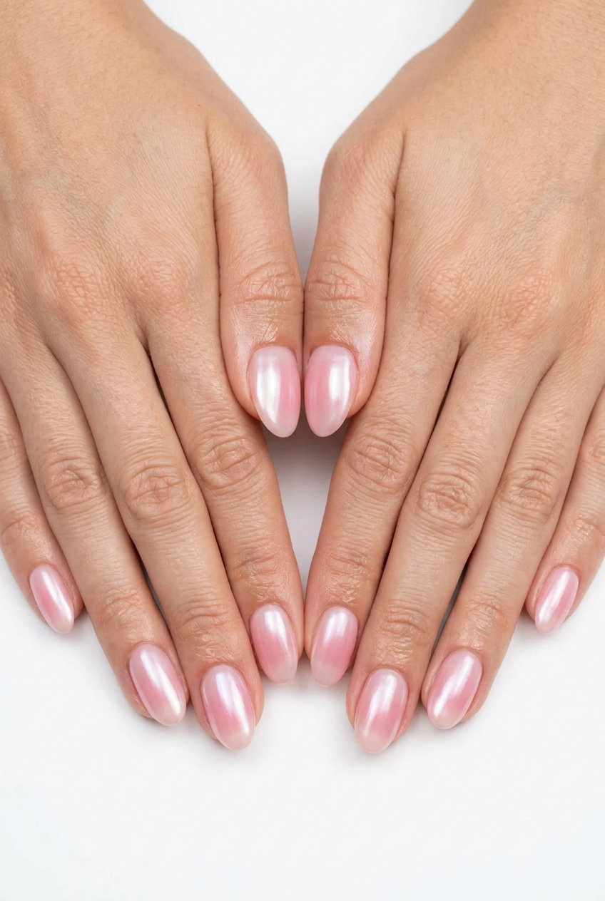 Pink Ombre Glazed Donut Square Nails 2026: Polished Evening Style Pink Ombre Glazed Donut Square nails: Sophisticated date night/special event look with soft pink ombre & iridescent glaze. Pink summer nails 2026.