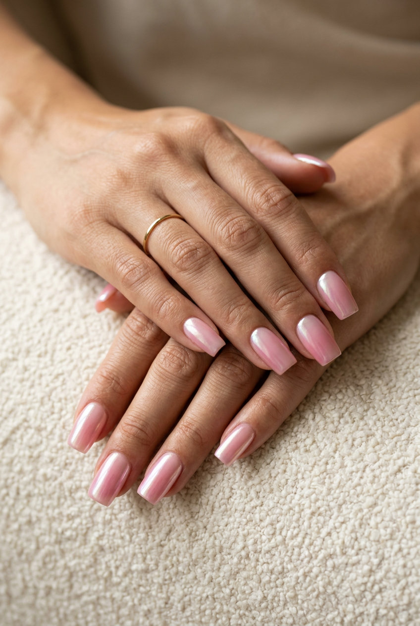 Pink Ombre Glazed Donut Nails 2026: Sophisticated Special Occasion Pink Ombre Glazed Donut Square nails: Sophisticated date night/wedding guest look with soft pink ombre & glaze. Pink summer nails 2026.