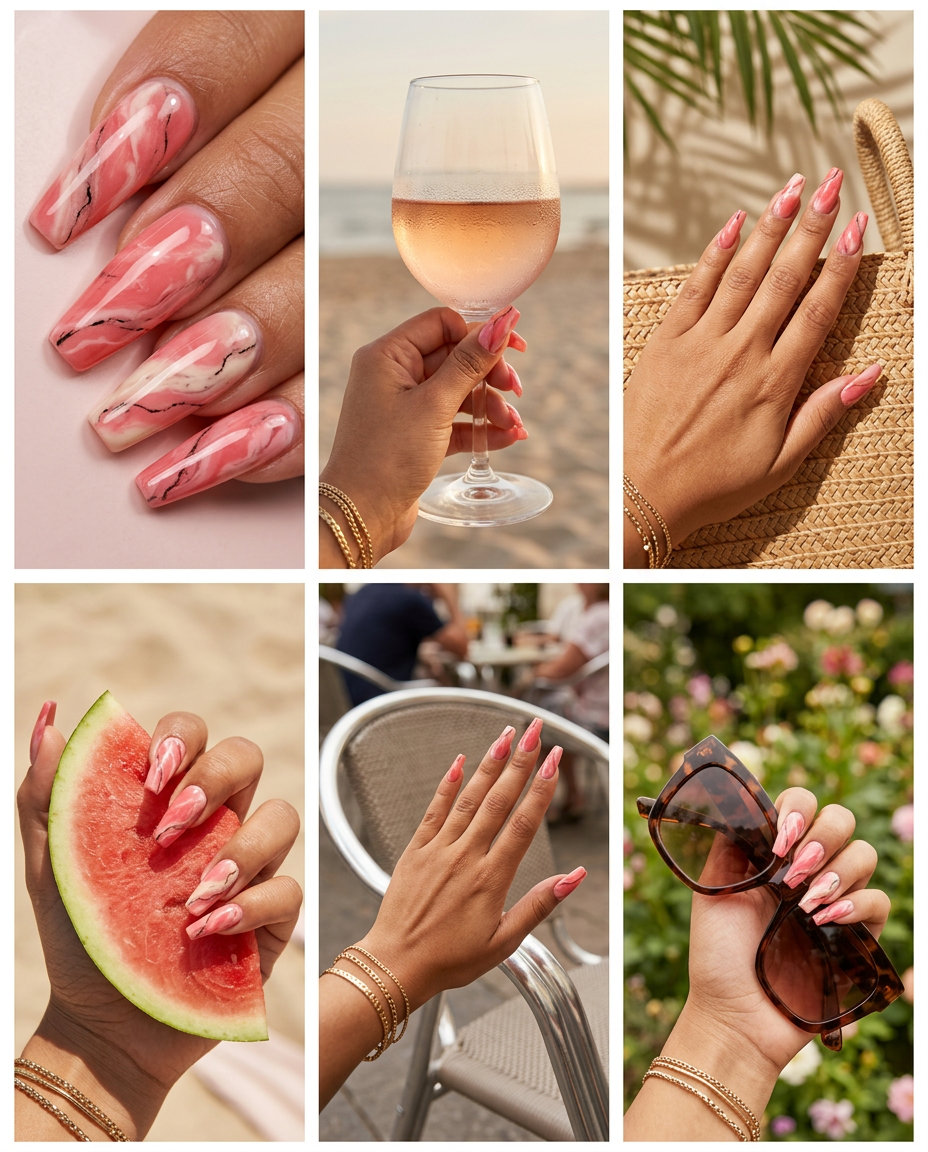 Pink Summer Nails 2026: Watermelon Marble Coffin Watermelon pink marble coffin nails for summer 2026, perfect for festivals and parties. Bold and artistic.