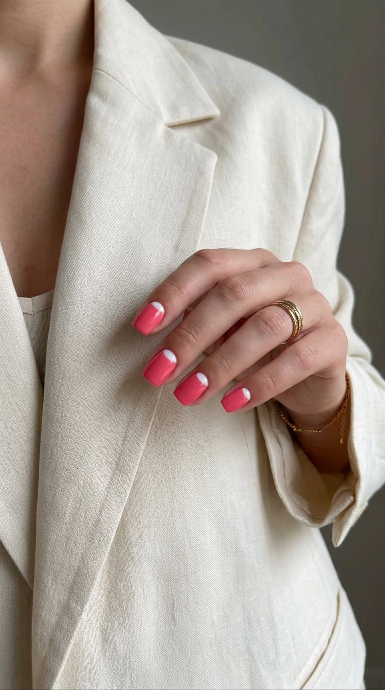Pink Summer Nails 2026: Watermelon Reverse French Watermelon pink reverse French nails for summer 2026, perfect for vacations and BBQs. Playful and cheery.