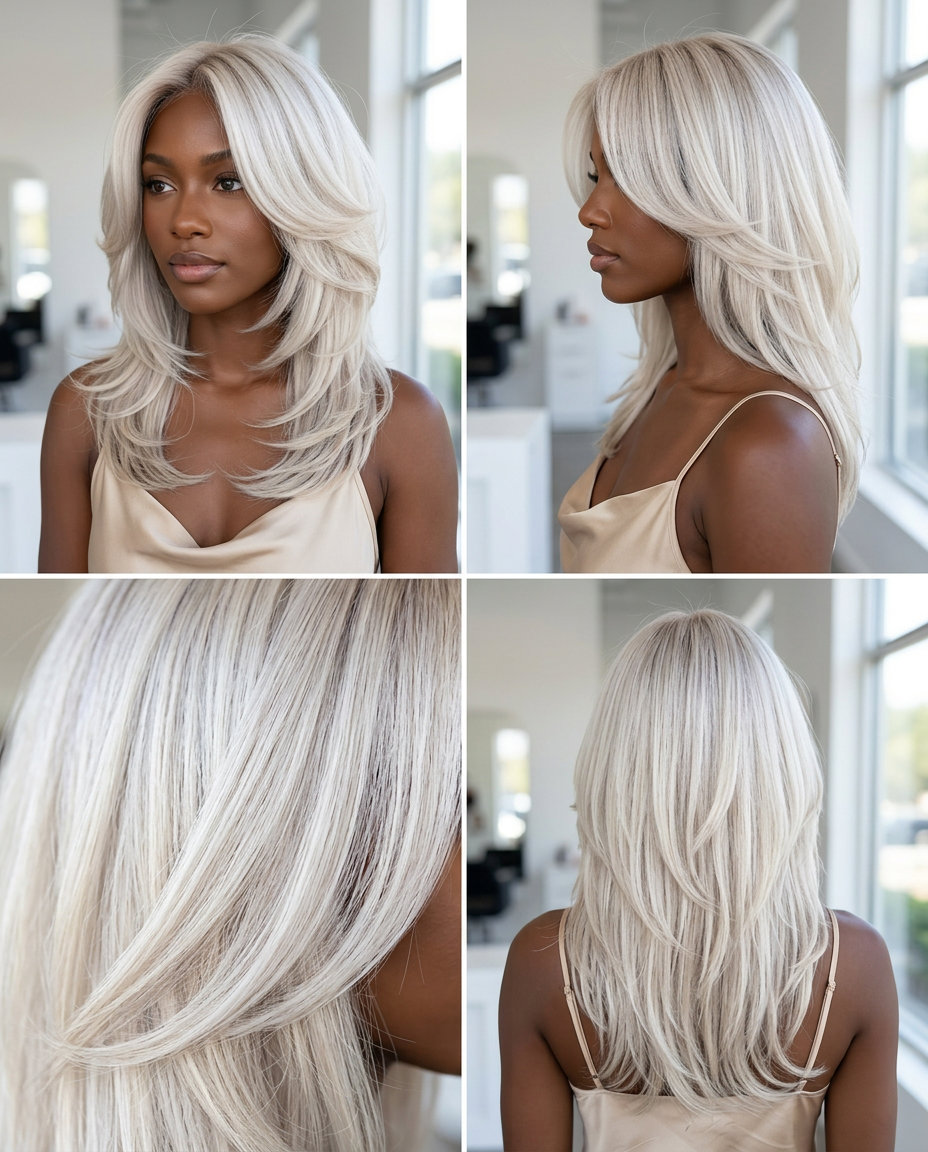 long platinum blonde butterfly haircut with shadow root, chin-length layers, no bangs — glamorous festival
