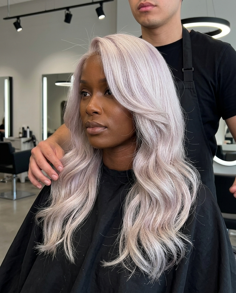 long icy platinum blonde haircut with violet tones and face-framing layers for summer