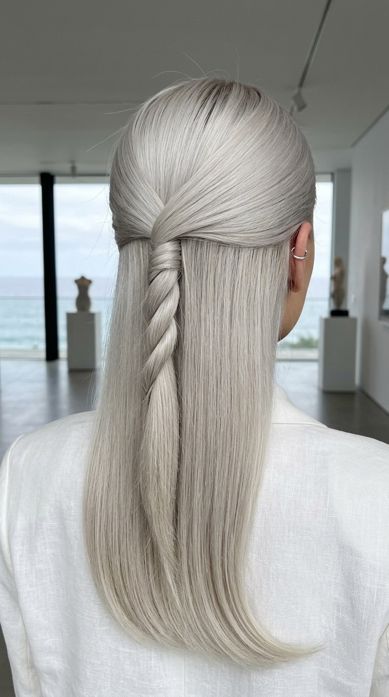 platinum blonde twisted summer half up half down hairstyles 2026 with silver undertones, rope twist, no fringe — sleek professional