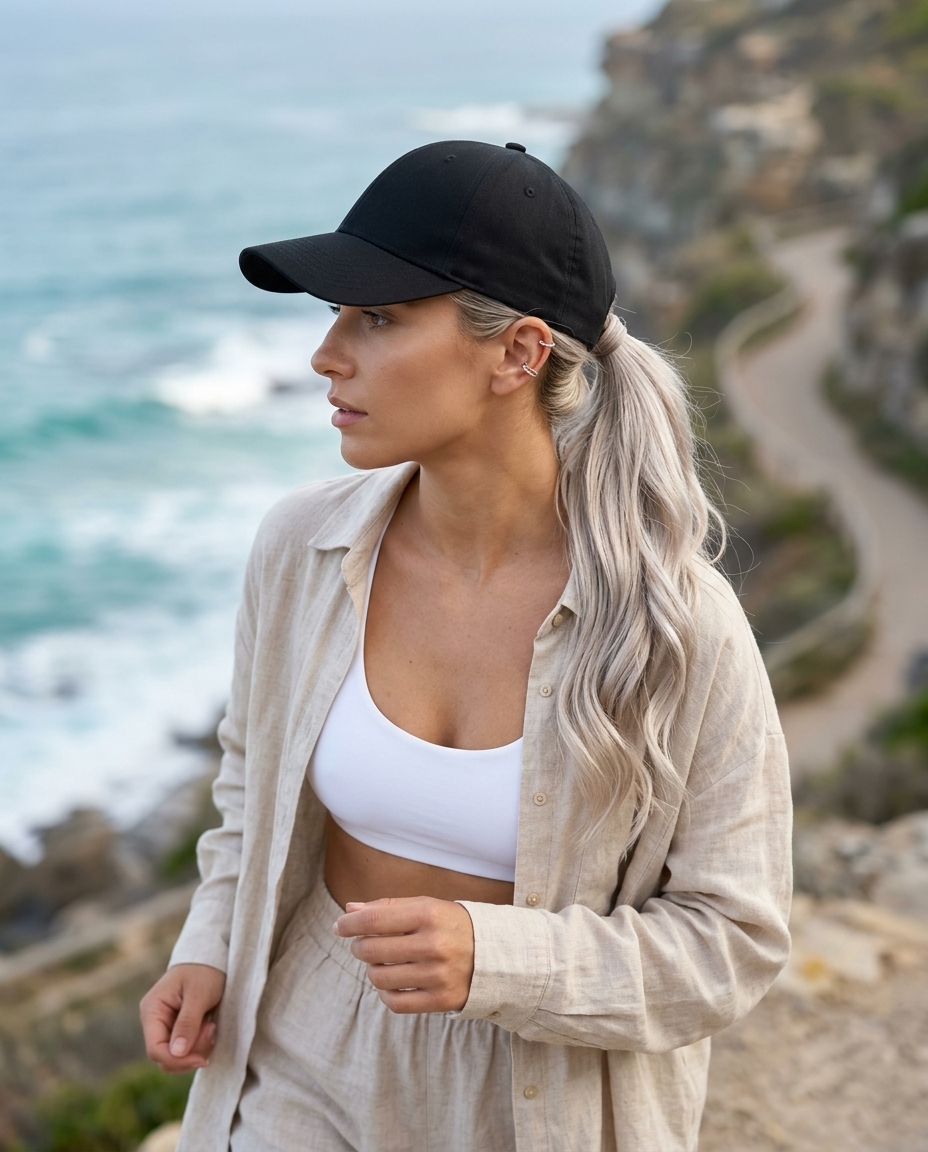long platinum blonde beachy waves in a sleek low ponytail with face-framing pieces and baseball cap