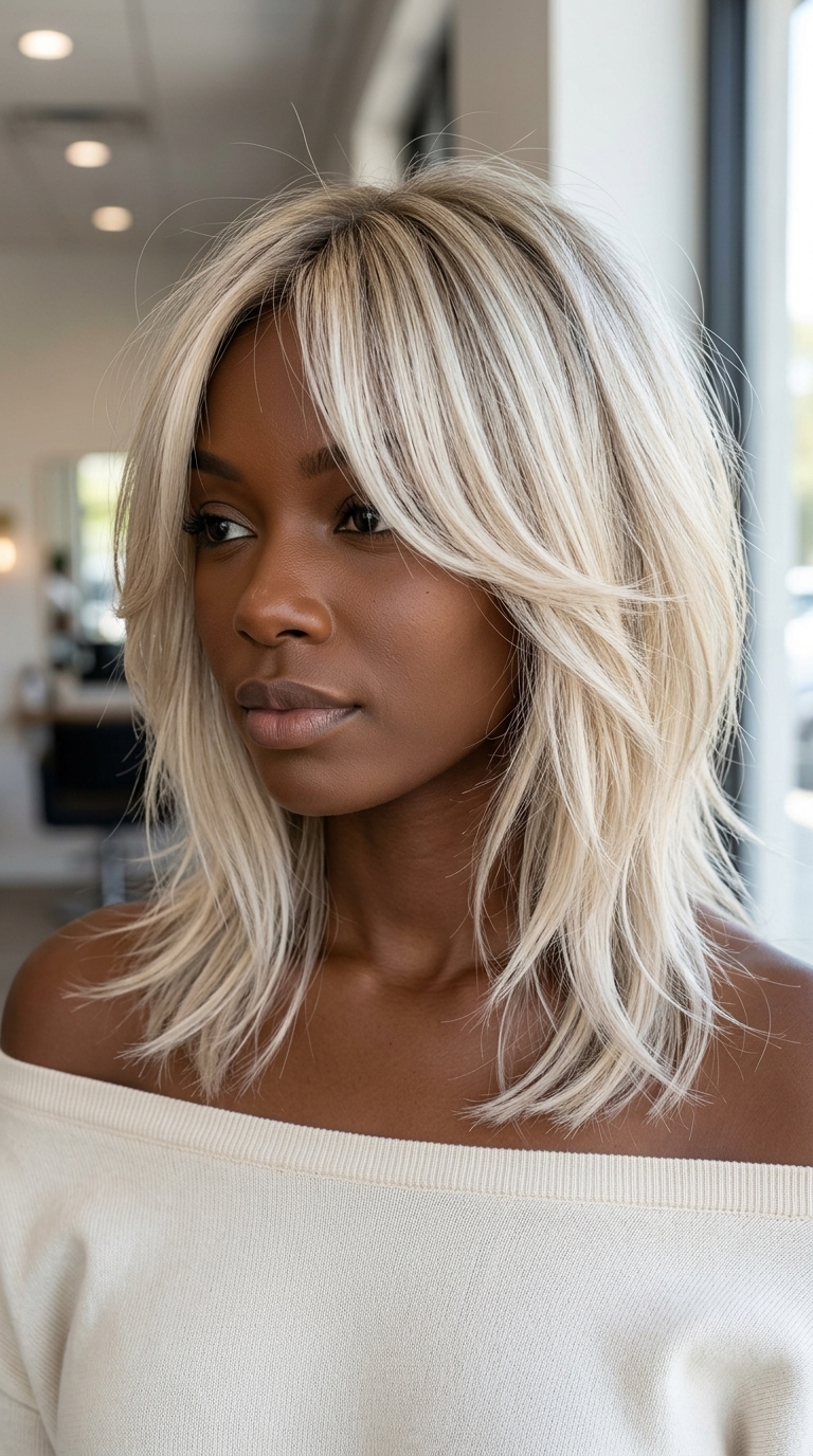 medium choppy shag haircut with platinum blonde balayage and curtain bangs for brunch