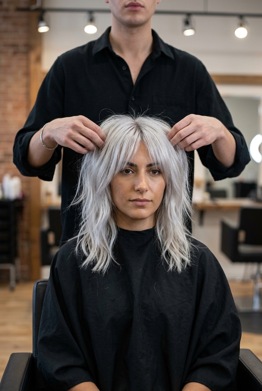 medium shag haircut with platinum blonde, silver undertones, and wispy fringe for festivals
