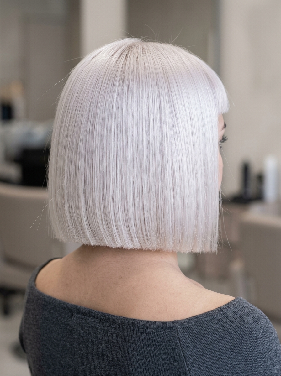 short blunt bob haircut in Cool Platinum Blonde with micro-bangs and clean nape for fashion event