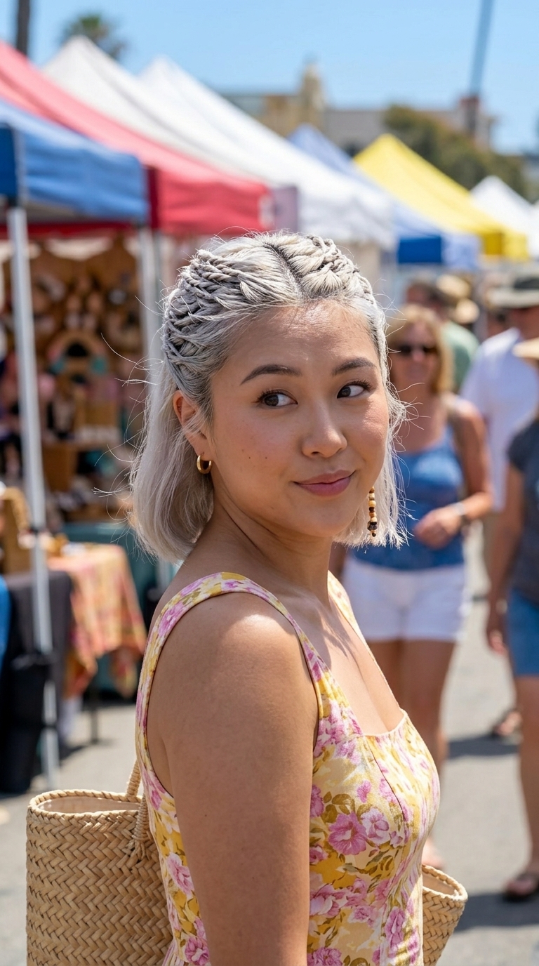 platinum blonde twisted summer half up half down hairstyles 2026 with silver tones, micro-twists, no fringe — playful retro