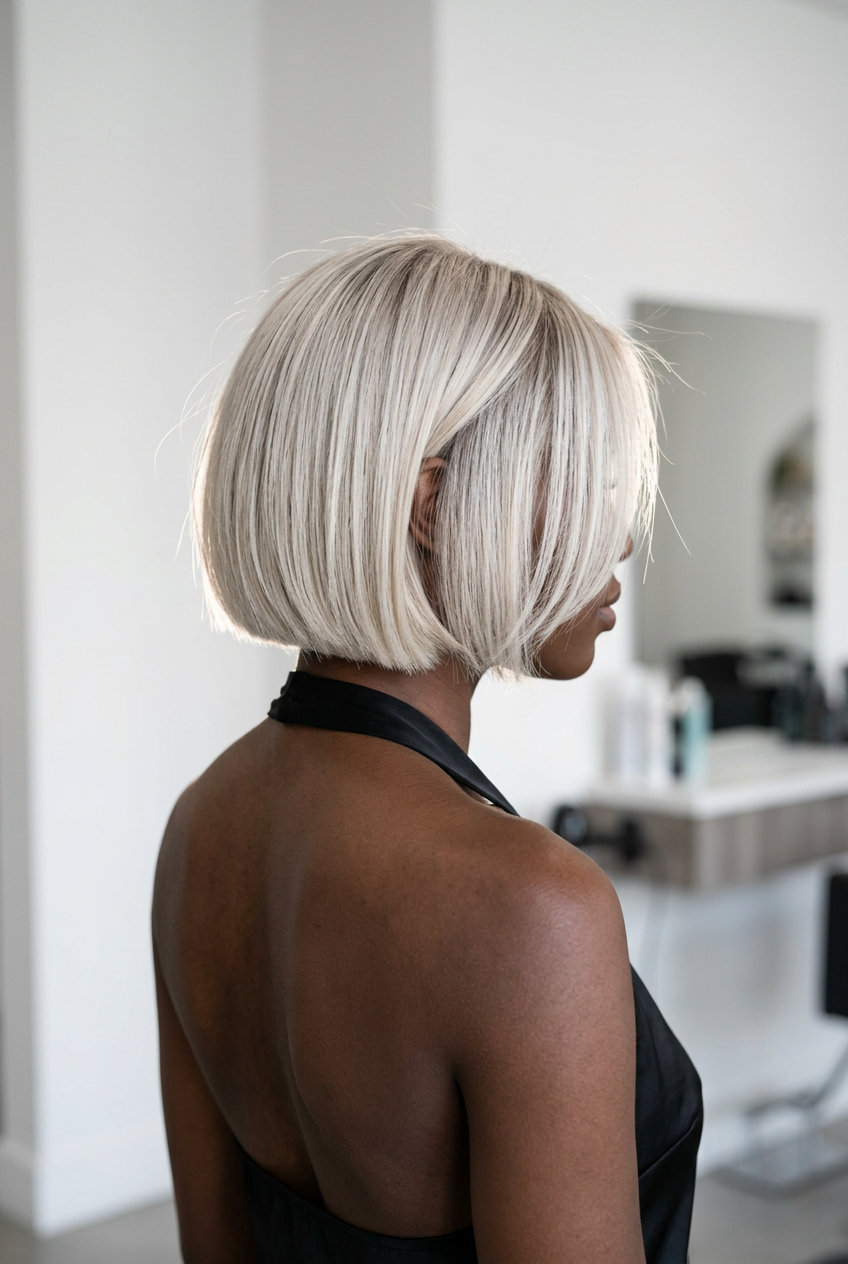 short micro bob haircut with cool platinum blonde, icy vanilla babylights, and root smudge for art gallery