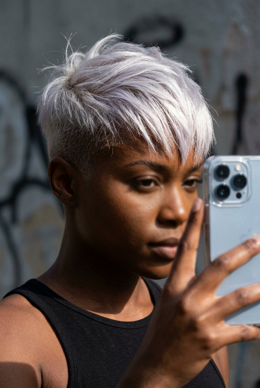 short platinum blonde pixie haircut with severe undercut and textured top for music festival