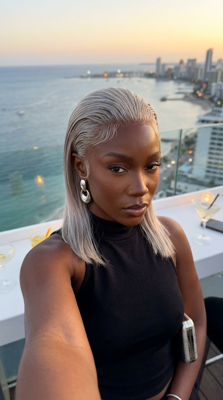 Edgy Platinum Scandi Slick-Back 2026 short platinum blonde pixie haircut with cool ash undertones, slicked back texture, and no fringe for summer vacation
