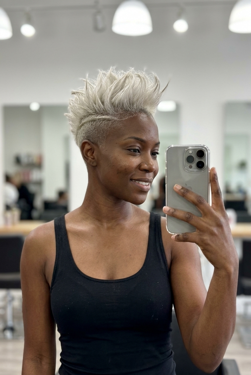 short haircut with platinum blonde, dramatic undercut, longer top — bold edgy avant-garde
