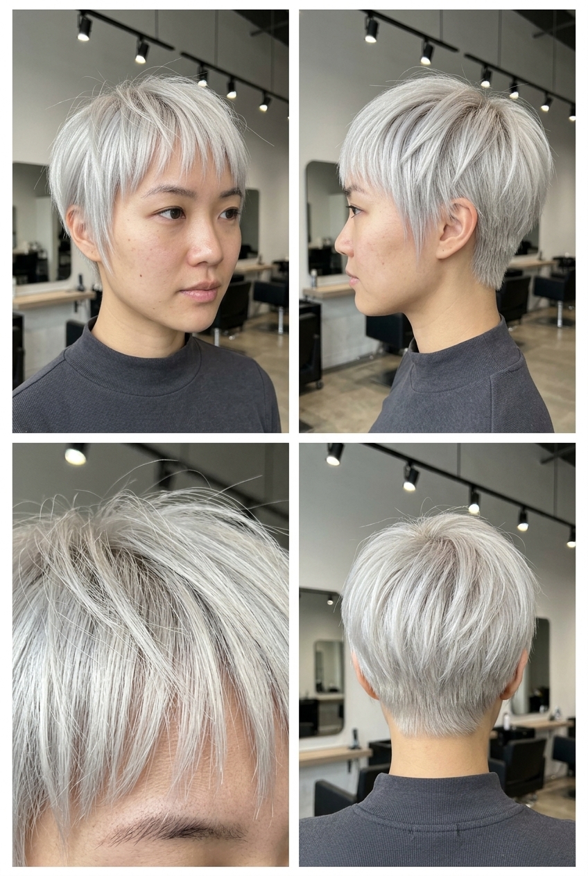Edgy Platinum Piecey Crop with Bangs 2026 very short pixie haircut with platinum blonde, aggressive point-cutting, piecey bangs for festival
