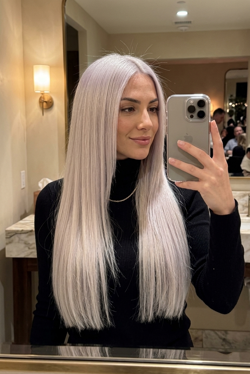 long blunt haircut with icy platinum blonde and violet undertones, graphic perimeter — bold, futuristic, sleek