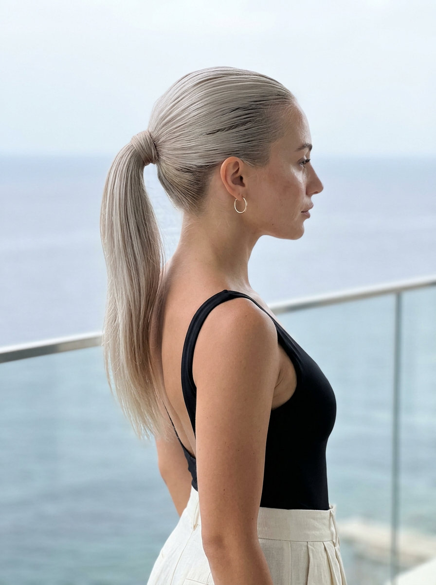 long platinum blonde wet-look ponytail with high-gloss finish for summer