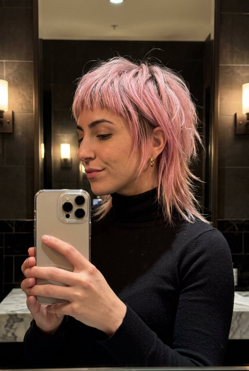 chin-to-shoulder platinum pink wolf cut with dark shadow root, razored disconnected layers and micro-bangs for night out