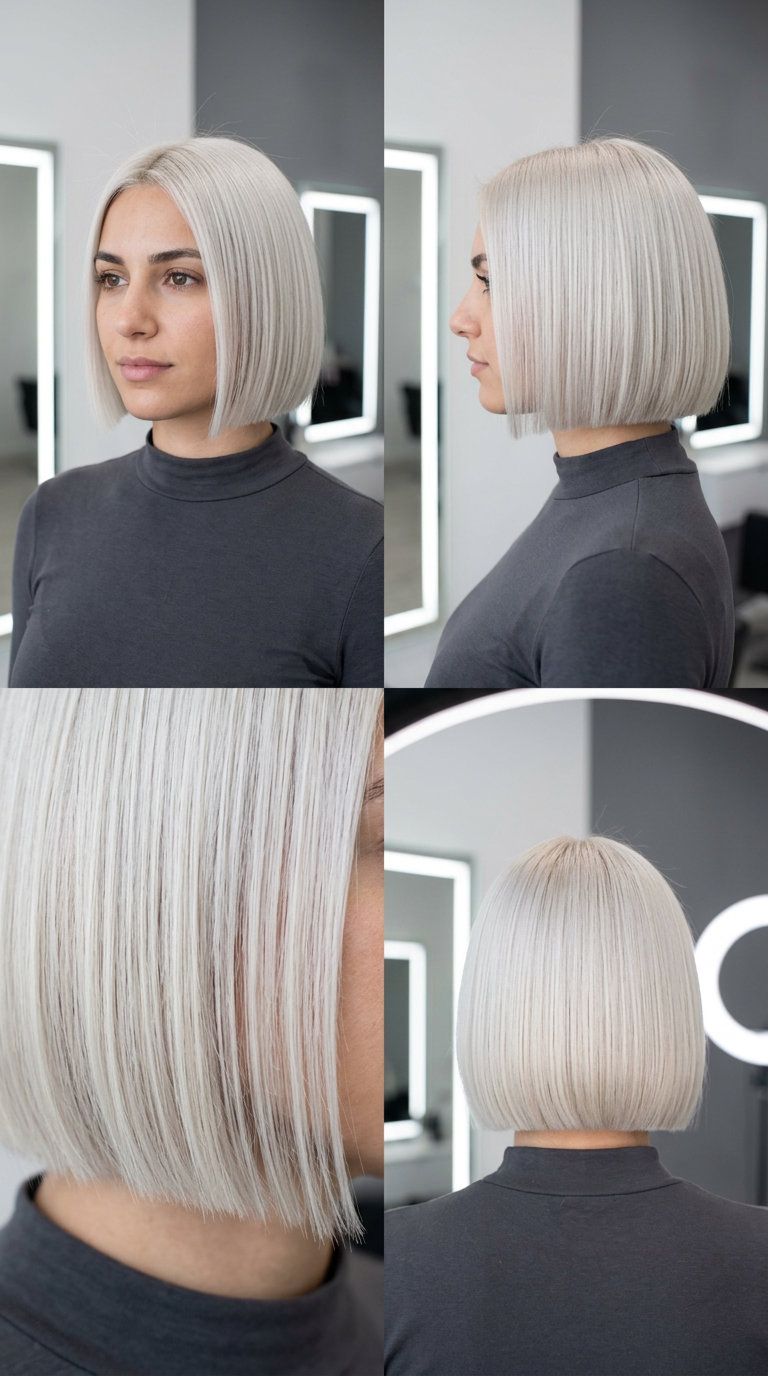 short bob haircut in neutral platinum blonde with icy silver undertones and precise perimeter for modern edge