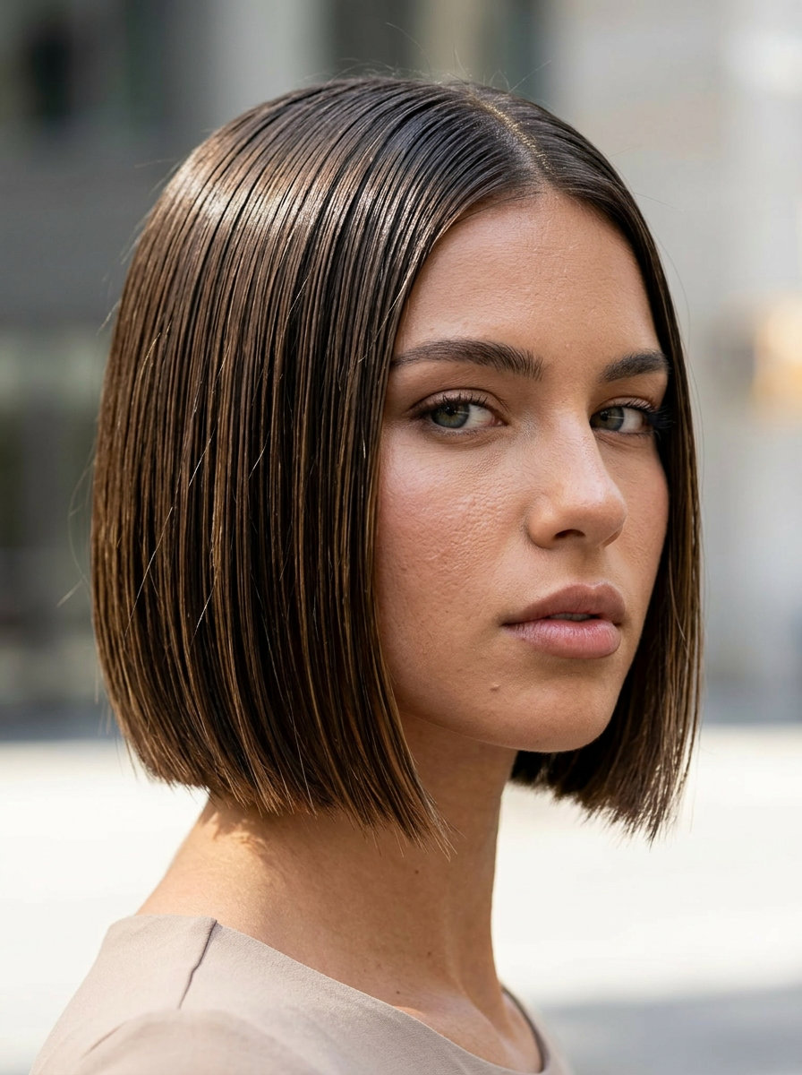 short platinum bob haircut with icy white color and wet-look finish for summer