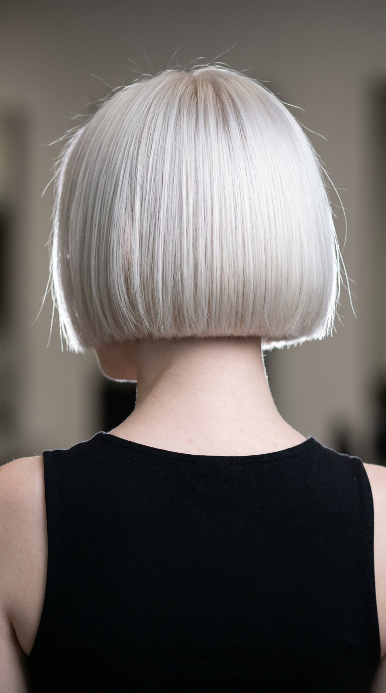 short french bob haircut with icy platinum blonde, cool silver undertones, blunt perimeter — bold minimalist look