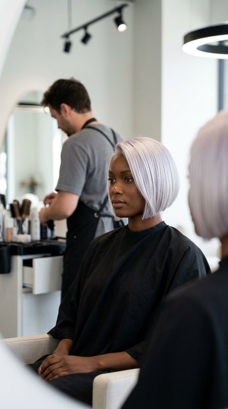 short french bob haircut in icy platinum blonde with sharp lines and graduated nape for avant-garde style