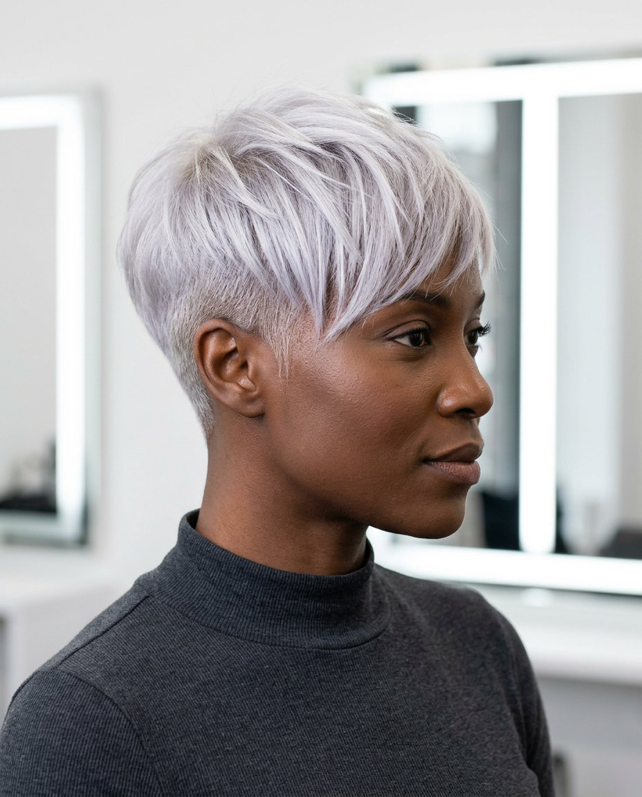 Bold Platinum Pixie Crop: Edgy Haircut 2026 short icy platinum blonde pixie haircut with violet-ash toner, asymmetrical fringe for festival