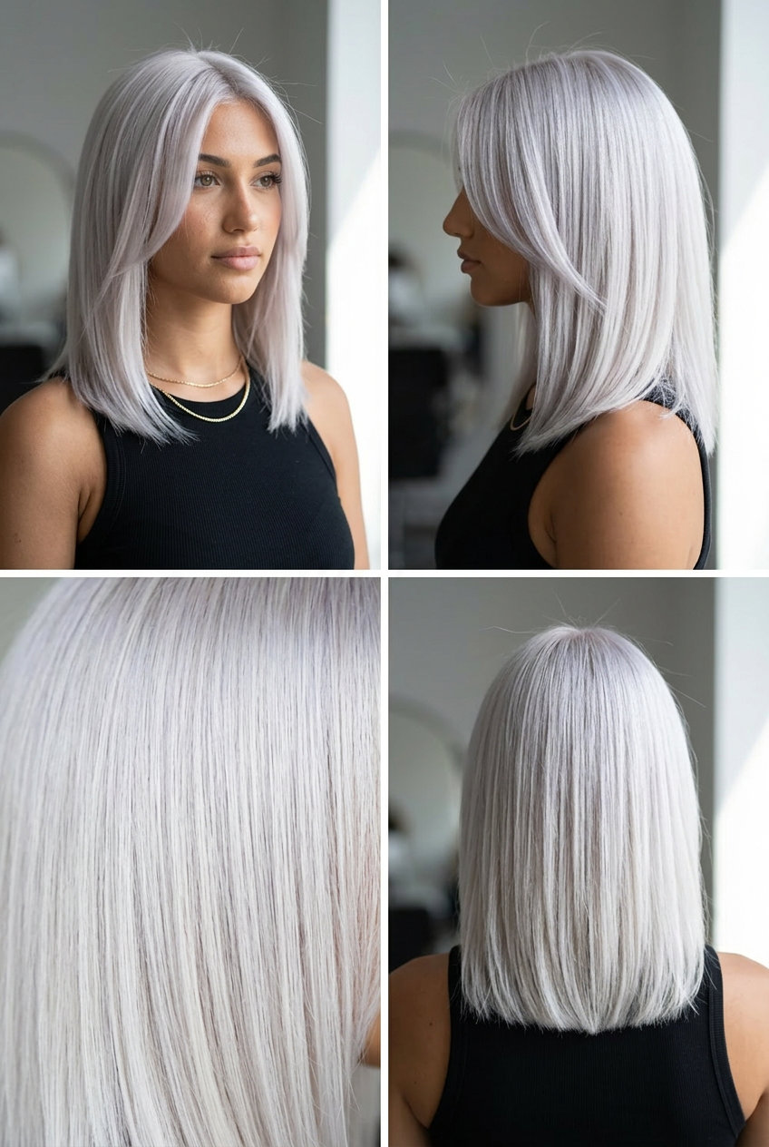 short platinum blonde pixie cut with silver violet undertones, uniform icy, edgy bold striking
