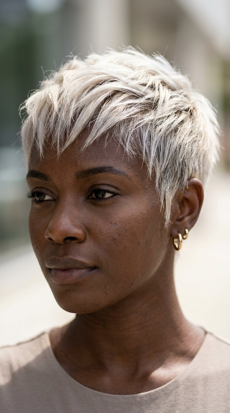 short platinum pixie haircut with defined coils and silver undertones for summer
