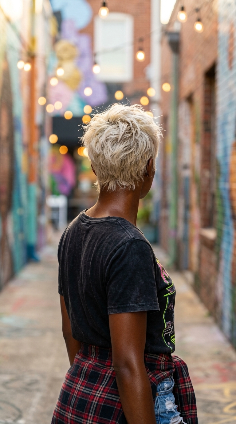short platinum pixie haircut with cool white, textured layers for festival