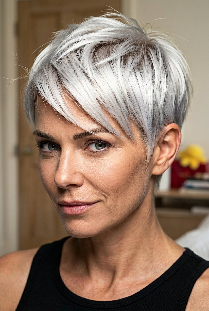 short platinum pixie haircut with textured layers and asymmetrical fringe for summer
