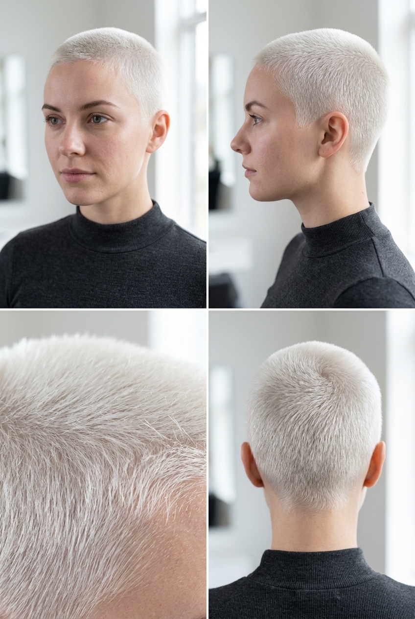 very short platinum blonde buzz cut, uniform icy, bold edgy rebellious