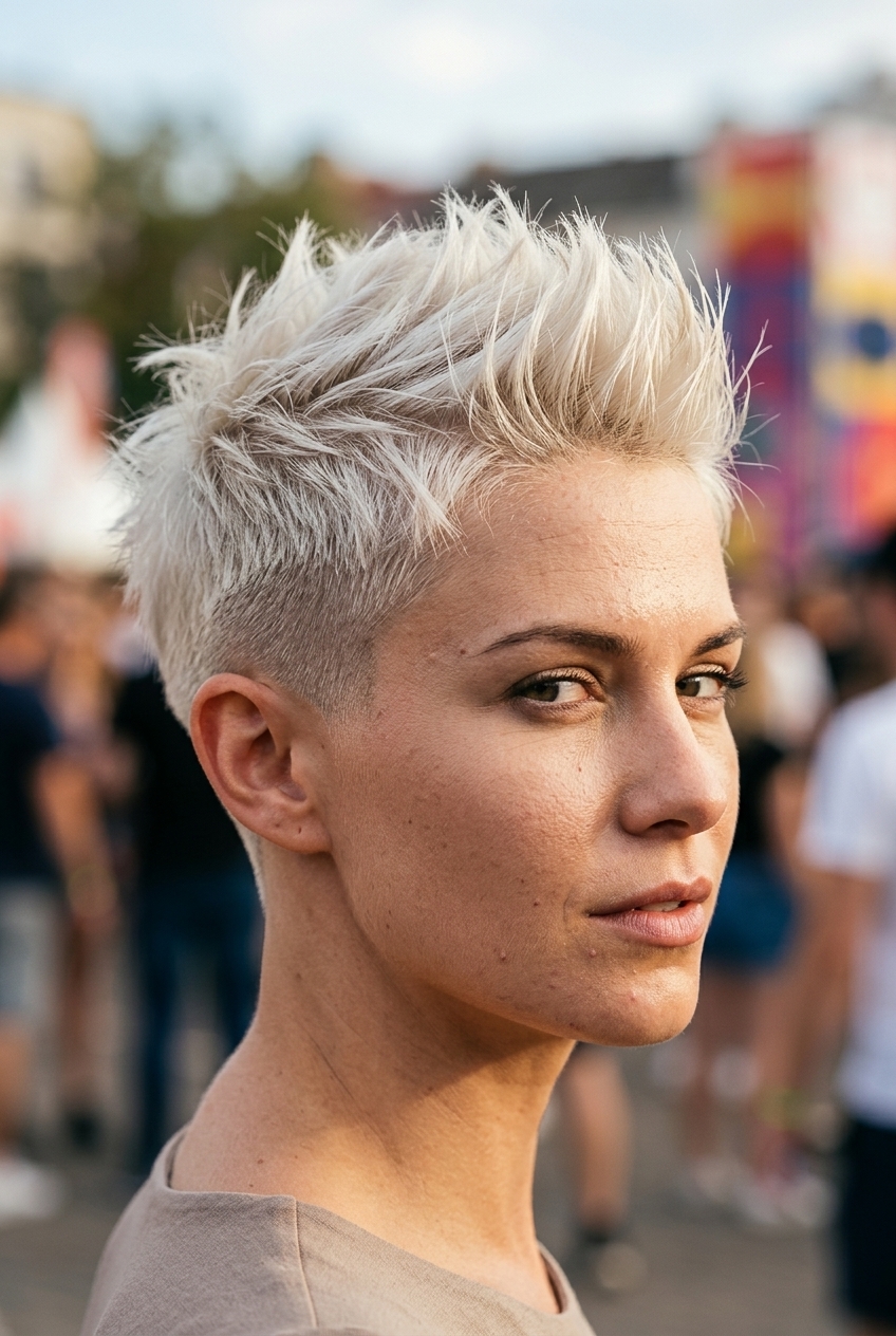 very short pixie haircut with buttercream platinum blonde, sharp fade and spiked top for summer