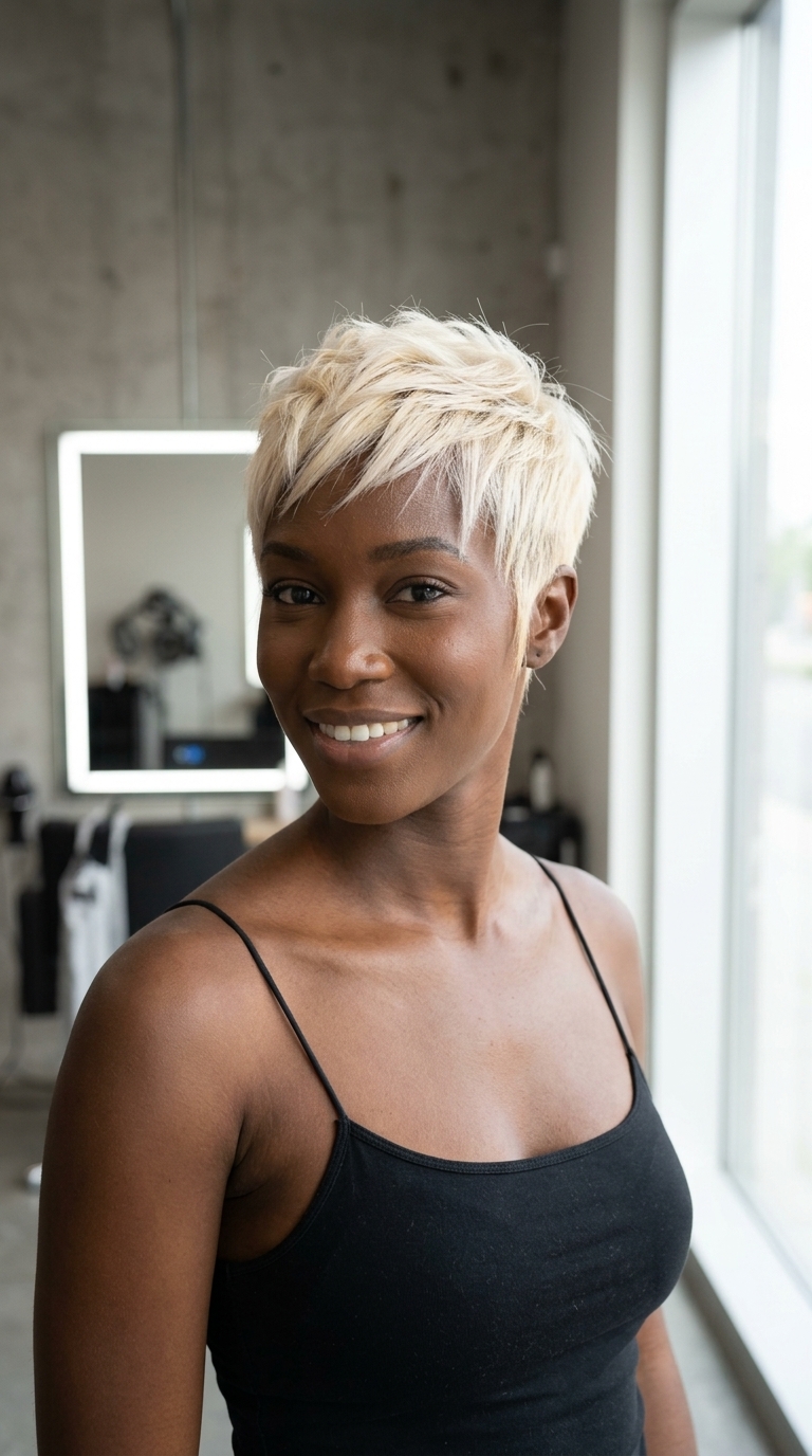 very short pixie haircut with cool platinum, shadow root, razor-cut texture for summer