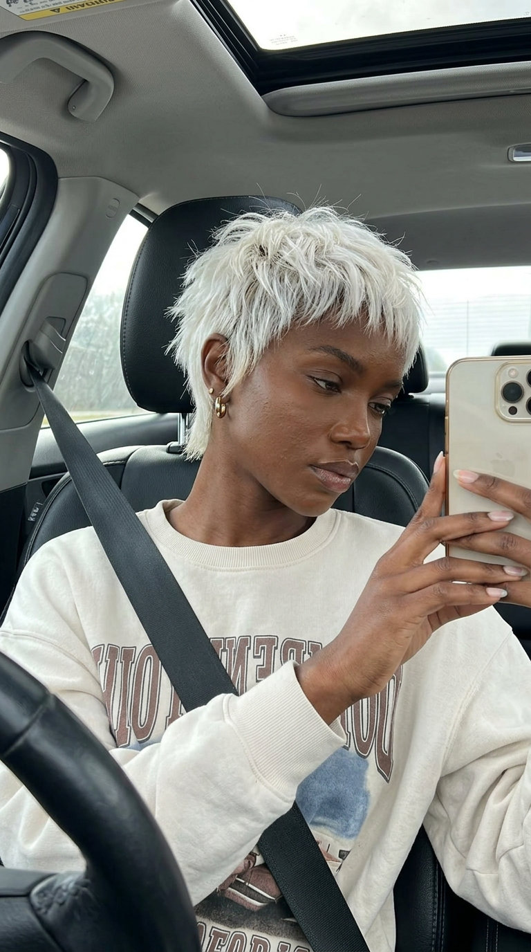 very short choppy shag haircut with icy platinum blonde and micro-fringe for festivals