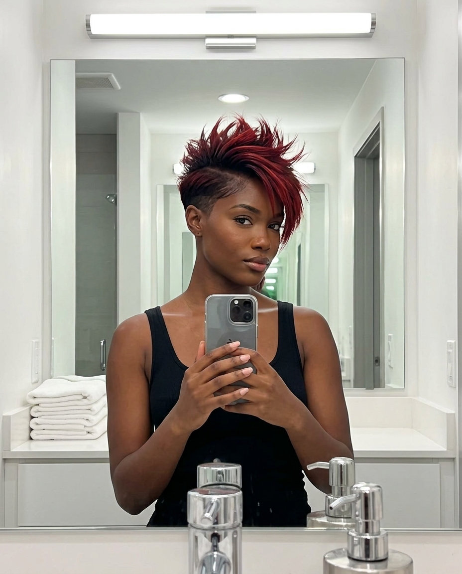 short undercut pixie with deep crimson to fiery red ombré for summer